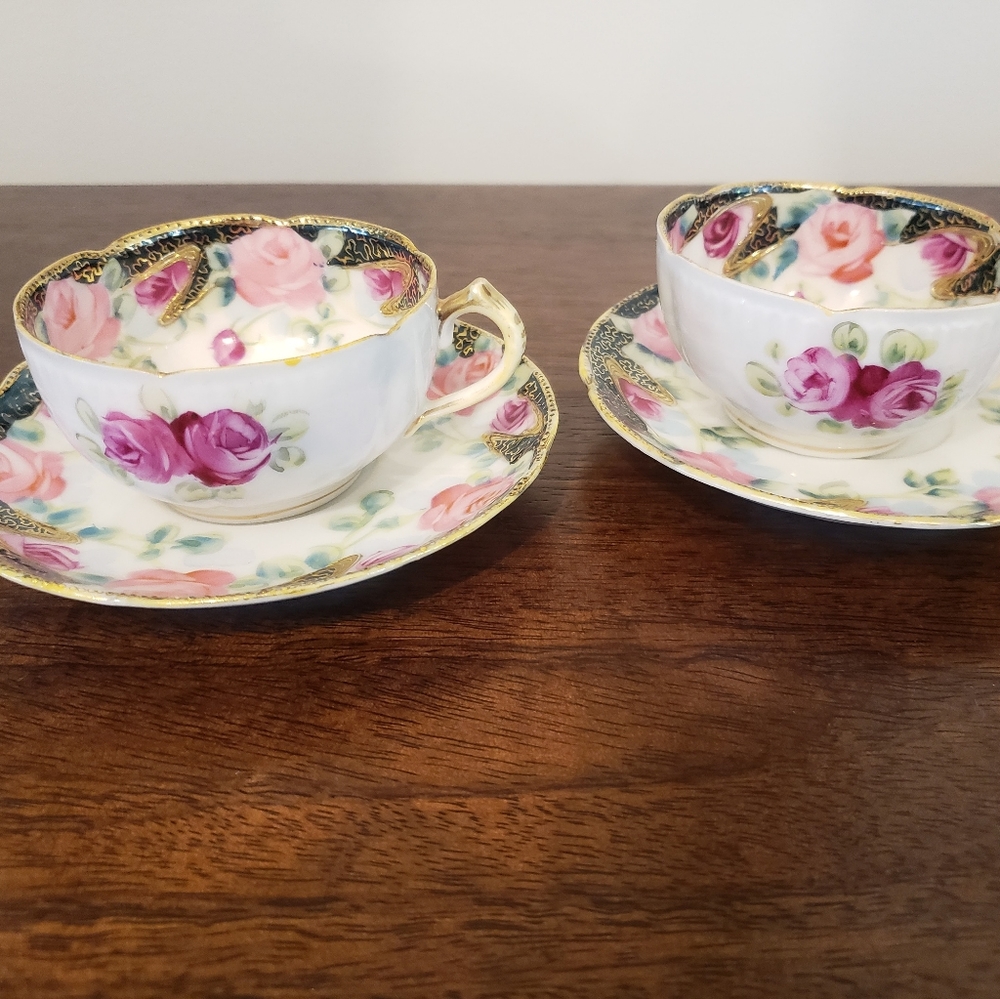 Vintage Teacups with Saucers Black & Gold Detail Pink Flowers - Picture 4 of 14